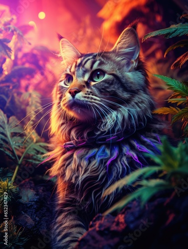 cat and leaves of hemp. Rainbow neon psychedelic background. CBD oil is used in veterinary medicine as a sedative and pain reliever.