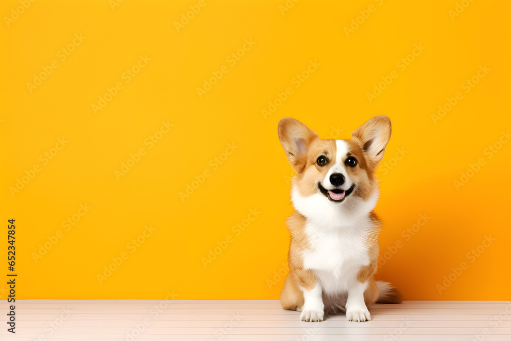 Corgi dog on colored background with copy space. Full body studio shot of a cute Corgi dog sitting on yellow background with an open mouth showing the tongue. Pet love banner. Pet caring concept