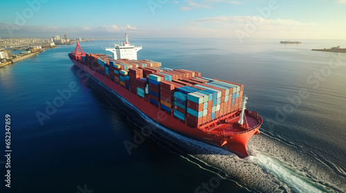 Aerial view of a large, loaded container cargo ship traveling over open ocean