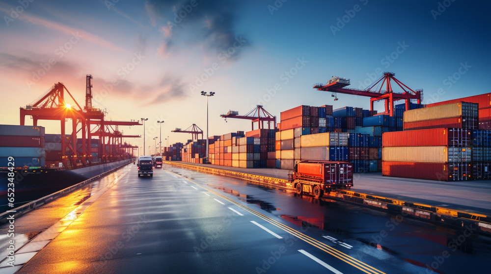 Logistics and transportation of Container Cargo ship and Cargo plane with working crane bridge in shipyard at sunrise, logistic import export and transport industry background. - obrazy, fototapety, plakaty 