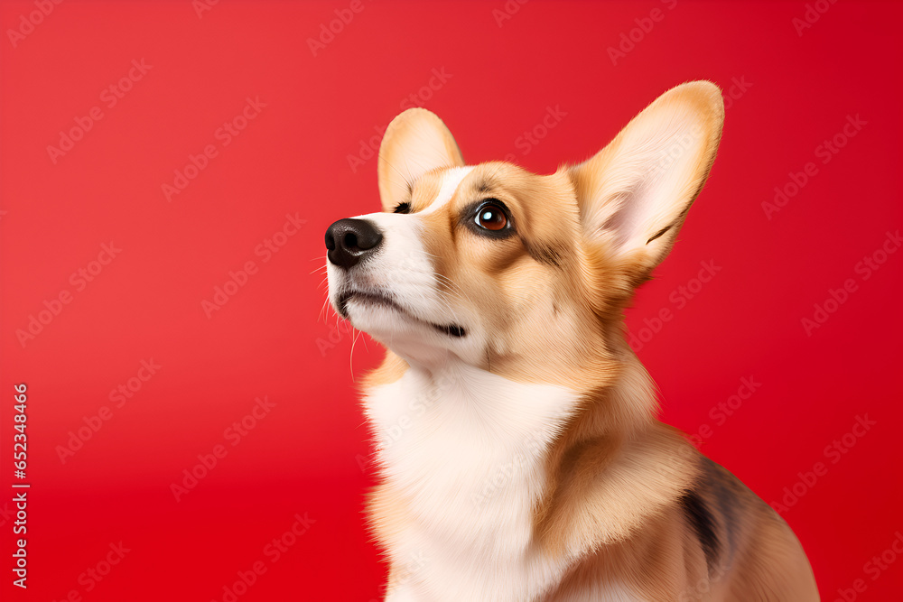 Confused Corgi dog on colored background with copy space. Portrait studio shot of a cute Corgi dog against red background. Pet love and pet care banner. Confused pets