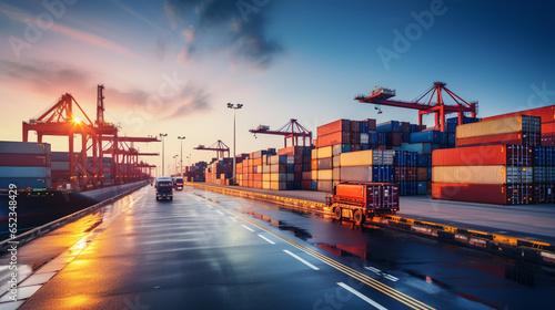 Logistics and transportation of Container Cargo ship and Cargo plane with working crane bridge in shipyard at sunrise, logistic import export and transport industry background.
