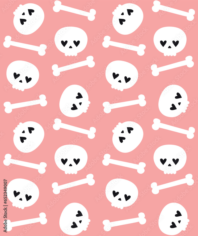 Vector seamless pattern of groovy skull and bones isolated on pink background