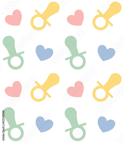 Vector seamless pattern of flat baby pacifier and hearts silhouette isolated on white background