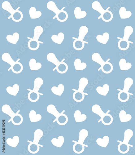 Vector seamless pattern of flat baby pacifier and hearts silhouette isolated on blue background
