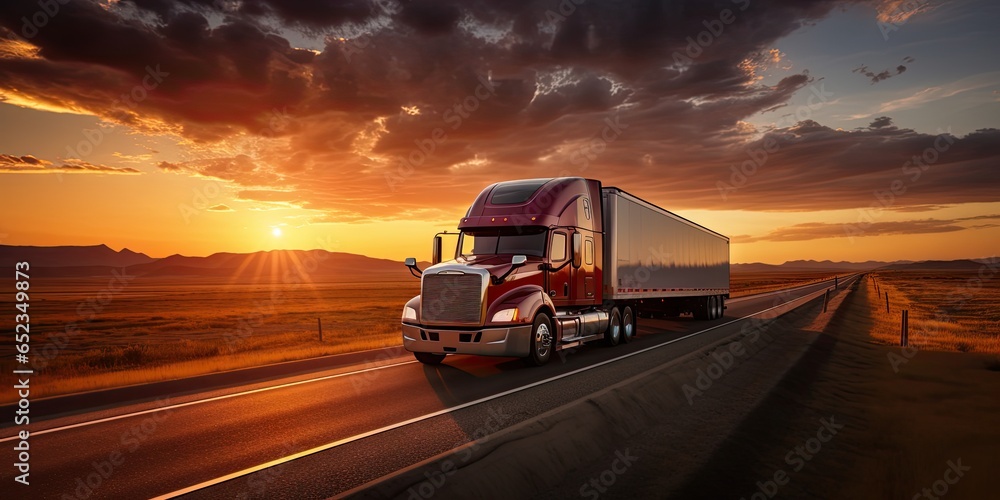 Sunset haulage. Cargo truck speeds down highway. Logistics in motion on busy interstate. Hour delivery. Transport trucks at sunrise - obrazy, fototapety, plakaty 