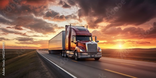 Sunset haulage. Cargo truck speeds down highway. Logistics in motion on busy interstate. Hour delivery. Transport trucks at sunrise