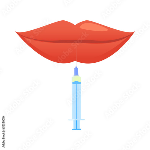 Hyaluronic acid lip injection. Dermal filler plumping for volume enhancement. Mouth cosmetic treatment of contouring and reshaping correction. Rejuvenation and anti-aging concept. Vector illustration.