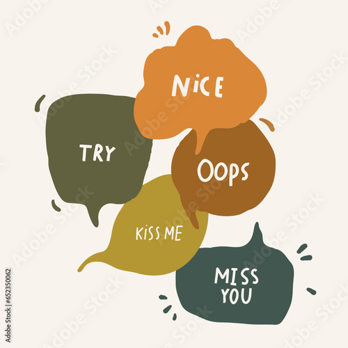Speech Bubbles Phrases, Nice, Try, Miss you, Kiss me