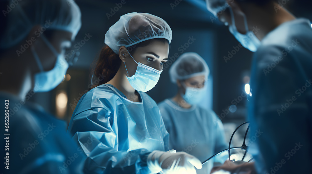 Focused woman with medical team performing surgery - obrazy, fototapety, plakaty 