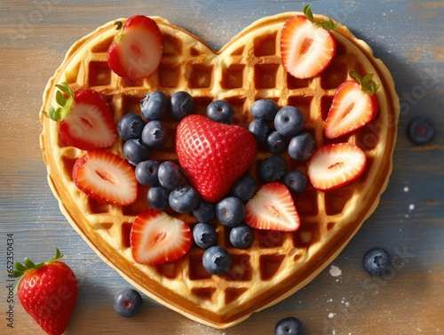 Heart shaped waffles with fresh fruit