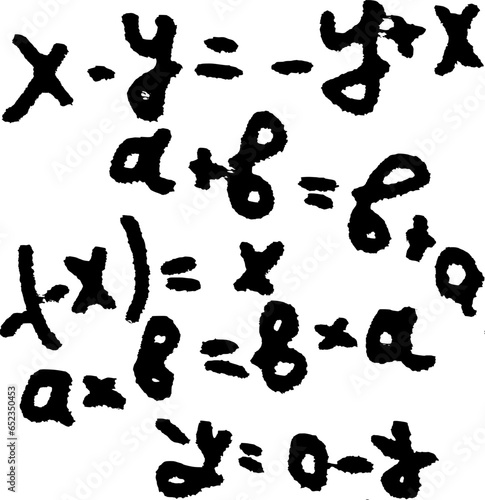 Seamless pattern of elementary arithmetic equalities. Signs and symbols are half erased and have ink smudges or have smudged on a school blotter. Vector.