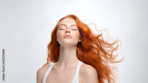 Freckled Beauty in Studio Portrait: Red-Haired Model with Stunning Wind-Tousled Locks