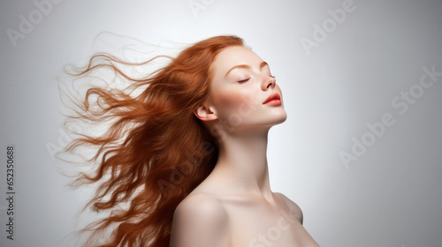 Pristine Studio Portrait Captivating Red-Haired Model with Freckles and Flowing Tresses © raulince