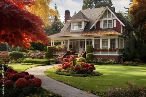 classic house with flower garden