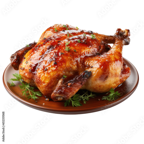 Grilled chicken with fresh herbs on a plate. Isolated on transparent background. 