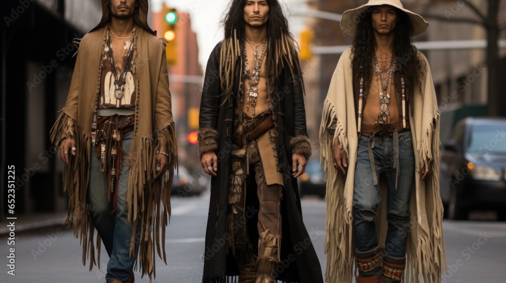 Obraz premium A modern street fashion look with elements of authentic Native American Indian. National Native American Heritage Month concept