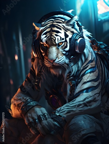Cyberpunk style Tiger,depth of field, headphones,abstract,mysterious
