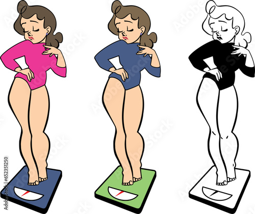 overweight girl stands on floor scales drawing