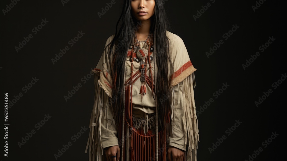 A modern street fashion look with elements of authentic Native American Indian. National Native American Heritage Month concept