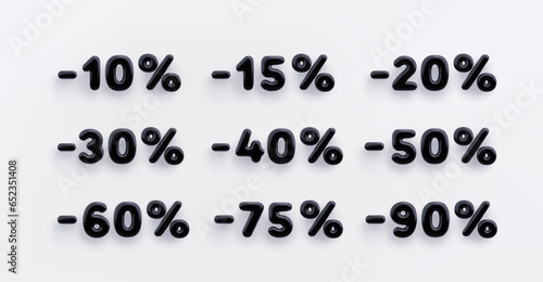Black 3D discount sign minus 10,15,20,30,40,50,60,75 and 90 percent on a white background.