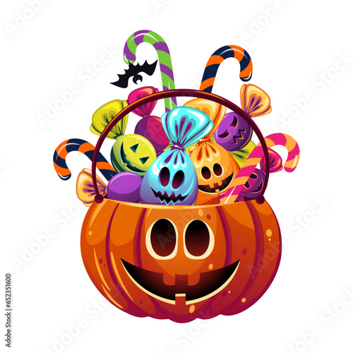 Pumpkin with candy for Halloween.Trick or treat.Pumpkin basket filled with various candies.Vector illustration.