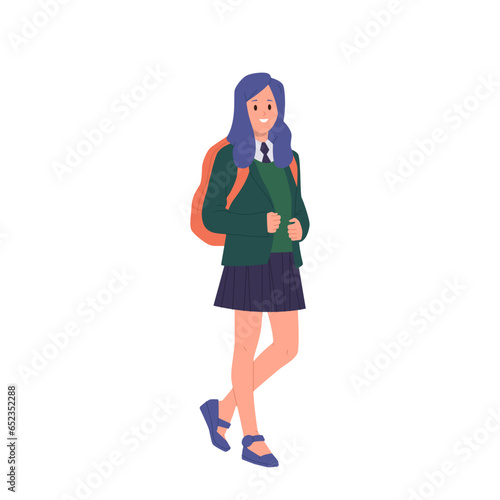 Pretty teenager female student wearing classic uniform costume carrying backpack isolated on white