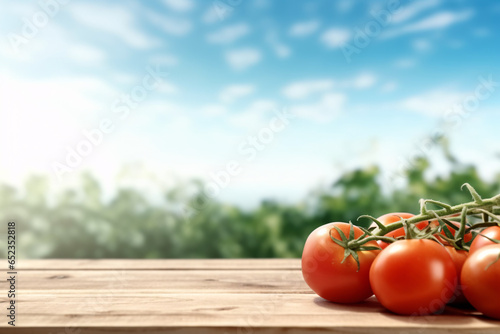 Fresh tomatoes on wooden table at organic farm background.