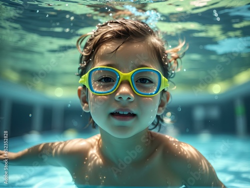 Kid boy swim underwater in summer pool. Summer kids vacation concept. Funny kids face underwater. Child splashing in swimming pool. Summer water sport. Summer vacation with child.