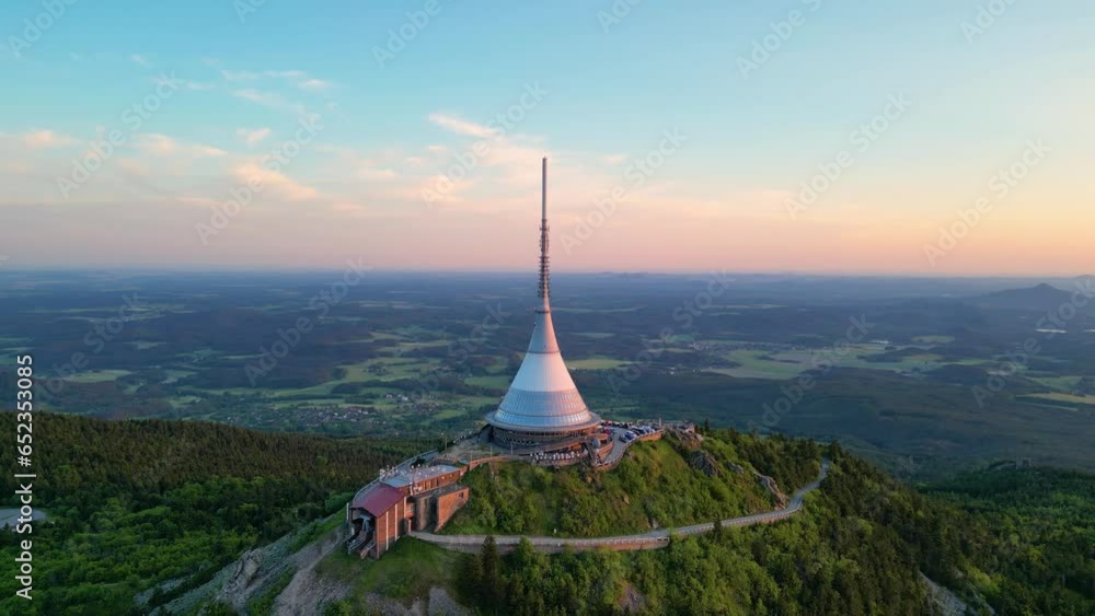 Jested Mountain at summer sunset time. Aerial 4K footage from drone flight Jested Mountain at summer sunset time. Aerial 4K footage from drone flight