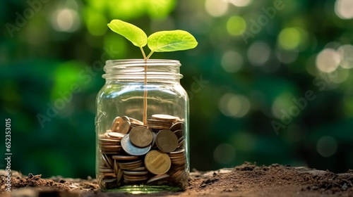 Young plant growing from coins in savings jar, saving money for future, grow wealth through investing and sustainability concept.