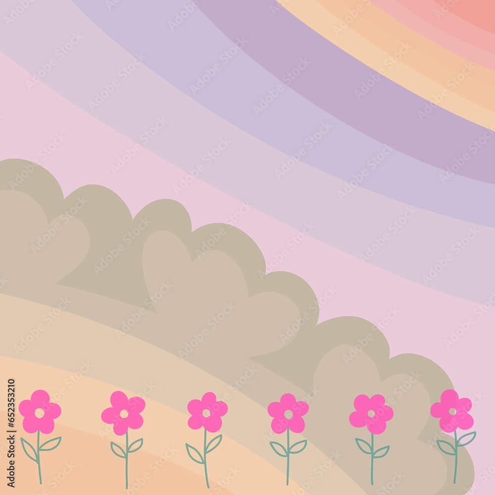 the background: flower garden and rainbow in the sky