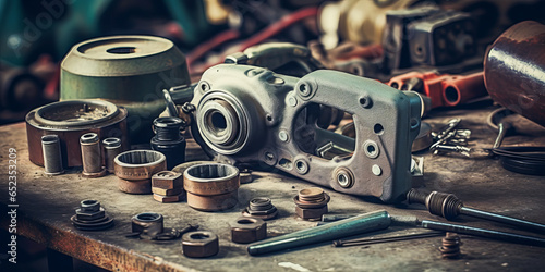 Captivating close-up of various vintage car parts meticulously arranged on a workbench, exhibiting an artistic blend of cold hues. Car parts, Vintage, Close-up.