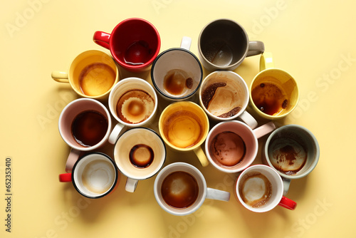 Many dirty cups after drinking coffee on yellow table, flat lay