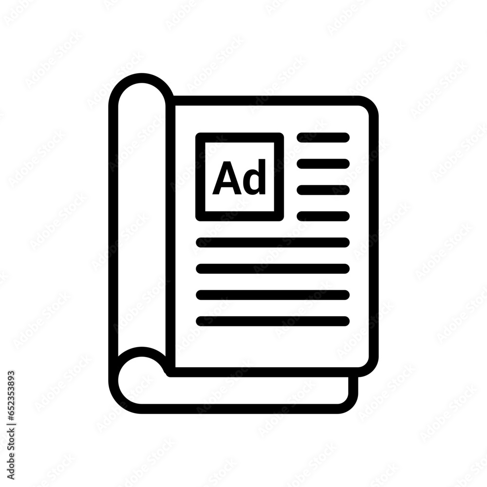 Ads book advertisement Line icon style. Advertising news in publish article for media marketing information. paper stack of online book order. Vector illustration. Design Ads book advertisement Line icon style. Advertising news in publish article for media marketing information. paper stack of online book order. Vector illustration. Design