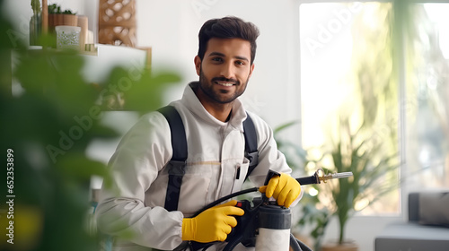 Disinfection services. Pest control. An employee in a protective suit a disinfects the room with a chemical agent.