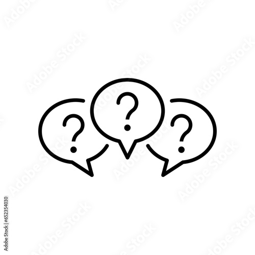 Three linear chat speech message icon. Speak bubble in forum discussion chatting. Group social communication with question mark in circle. Line Vector illustration. Design