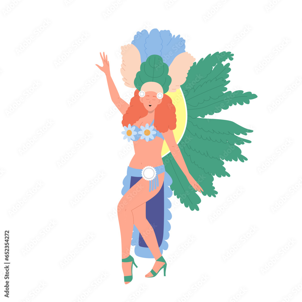 Isolated brazilian woman samba dancer posing wearing bright colorful festival costume and feathers Isolated brazilian woman samba dancer posing wearing bright colorful festival costume and feathers