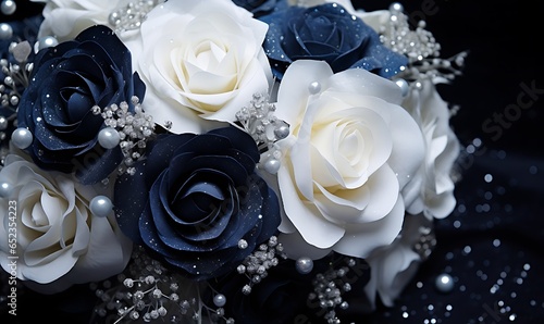 navy background, white roses,light blue roses,silver accents, glitter, Generative Ai