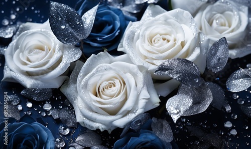 navy background, white roses,light blue roses,silver accents, glitter, Generative Ai