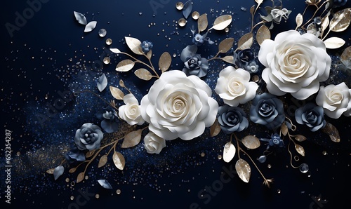 navy background, white roses,light blue roses,silver accents, glitter, Generative Ai