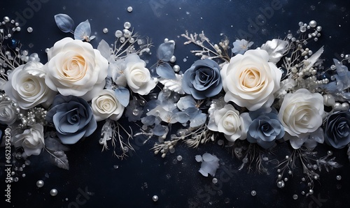 navy background, white roses,light blue roses,silver accents, glitter, Generative Ai