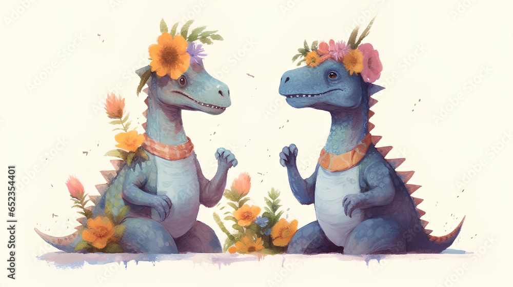 Cute watercolor dinosaurs. Flower children's composition. Cute watercolor dinosaurs. Flower children's composition.