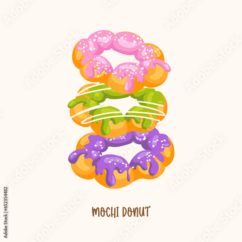 Mochi donuts set with sugar glaze and white chocolate topping. Asian dessert bakery isolated on beige background
