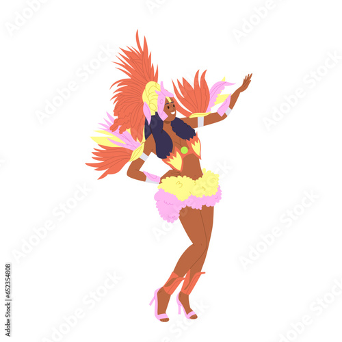 Brazilian carnival female samba dancer wearing festive costume moving expressively to music