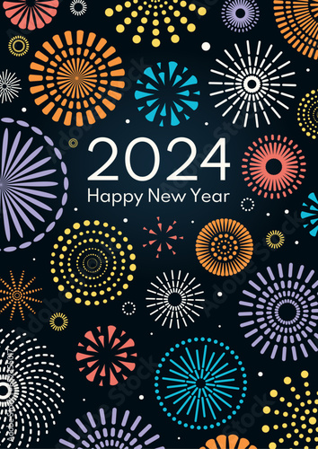 Colorful fireworks 2024 Happy New Year, bright on dark background, with text. Flat style vector illustration. Abstract geometric design. Concept for holiday greeting card, poster, banner, flyer