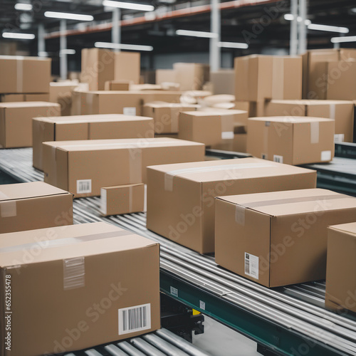 Closeup of multiple cardboard box packages seamlessly moving along a conveyor belt in a warehouse fulfillment center, a snapshot of e-commerce, delivery, automation and products.