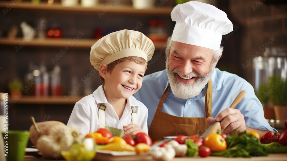 Grandfather and grandson cooking in the kitchen. Grandfather and grandson cooking in the kitchen.