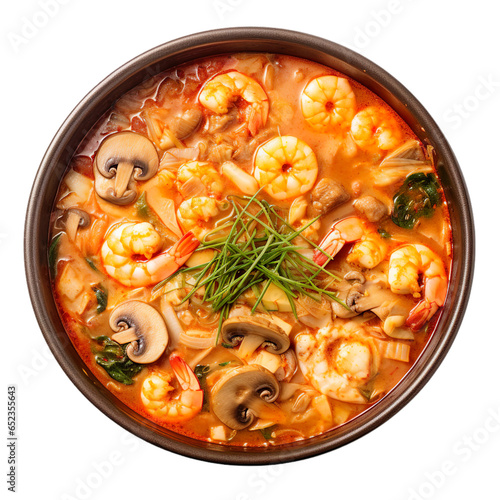 Top view of Korean food Budae Jjigae Army Stew isolated on a white transparent background photo