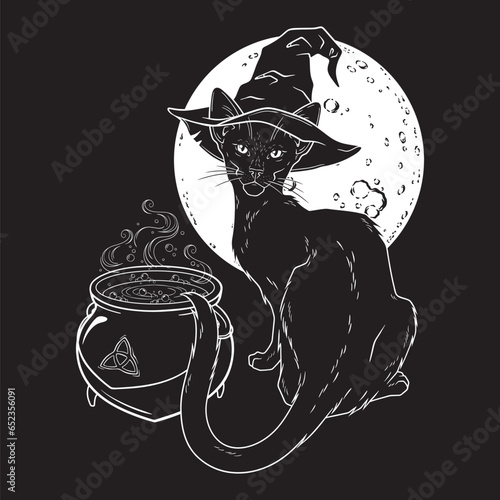 Black cat with pointy witch hat line art and dot work. Witch familiar spirit, halloween or pagan witchcraft theme tapestry print design vector illustration